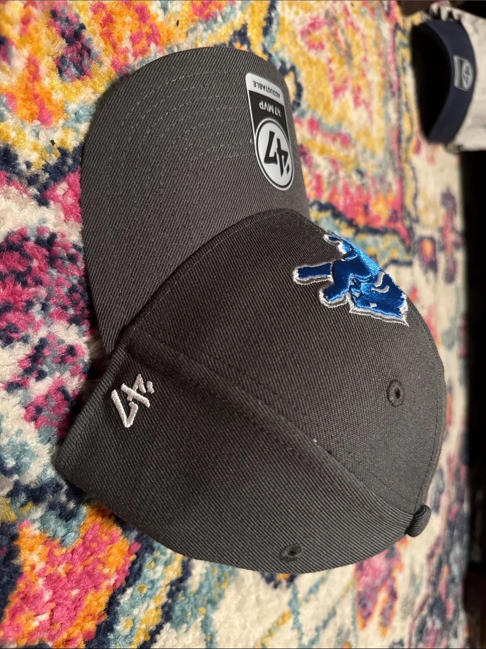 47 Black Baseball Cap with Blue Detroit Lions Logo